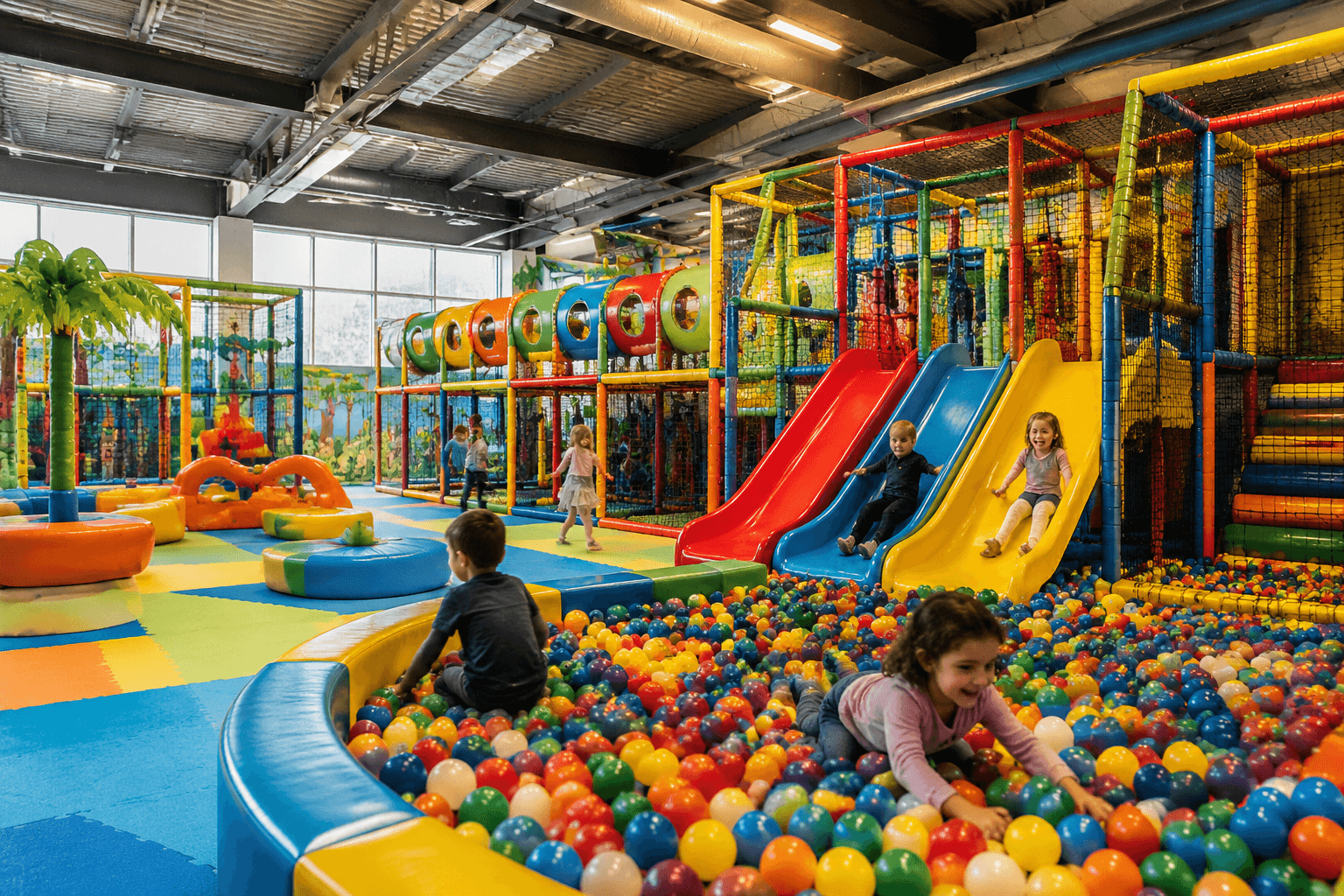 Kinderen spelen in een kleurrijke binnenspeeltuin